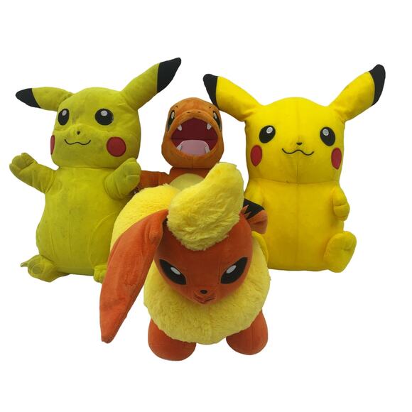 Preowned Multicolor Pokemon Plush LOT Flareon Charmander PIkachu Stuffed Animals - Picture 1 of 8